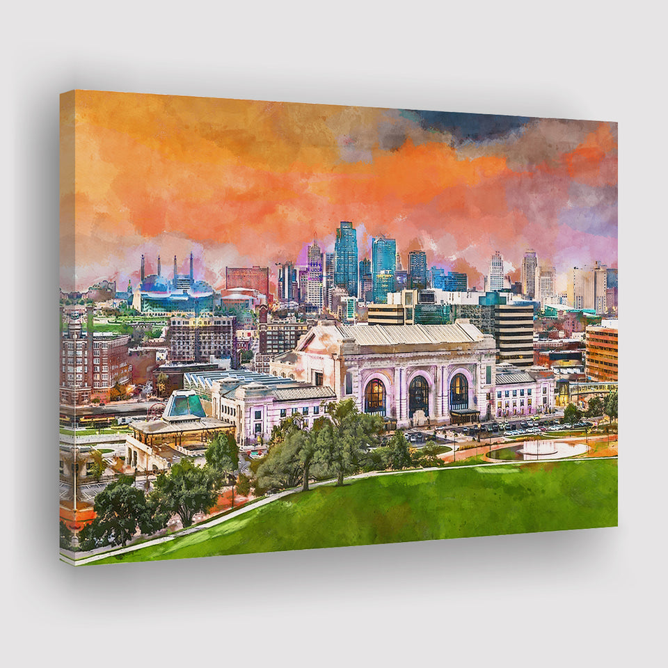 Kansas City Missouri Usa Downtown Skyline City Art Watercolor Canvas Prints Wall Art Home Decor, Large Canvas