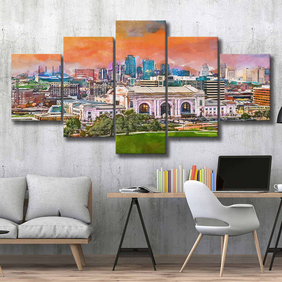 Kansas City Missouri Usa Downtown Skyline 5 Pieces Mixed Canvas Prints Wall Art Home Decor