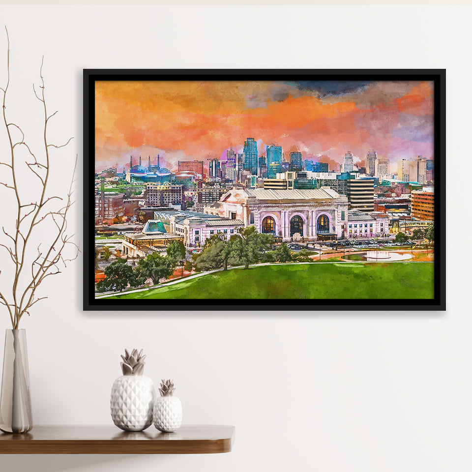 Kansas City Missouri Usa Downtown Skyline City Art Watercolor Framed Canvas Prints Wall Art Home Decor,Floating Frame