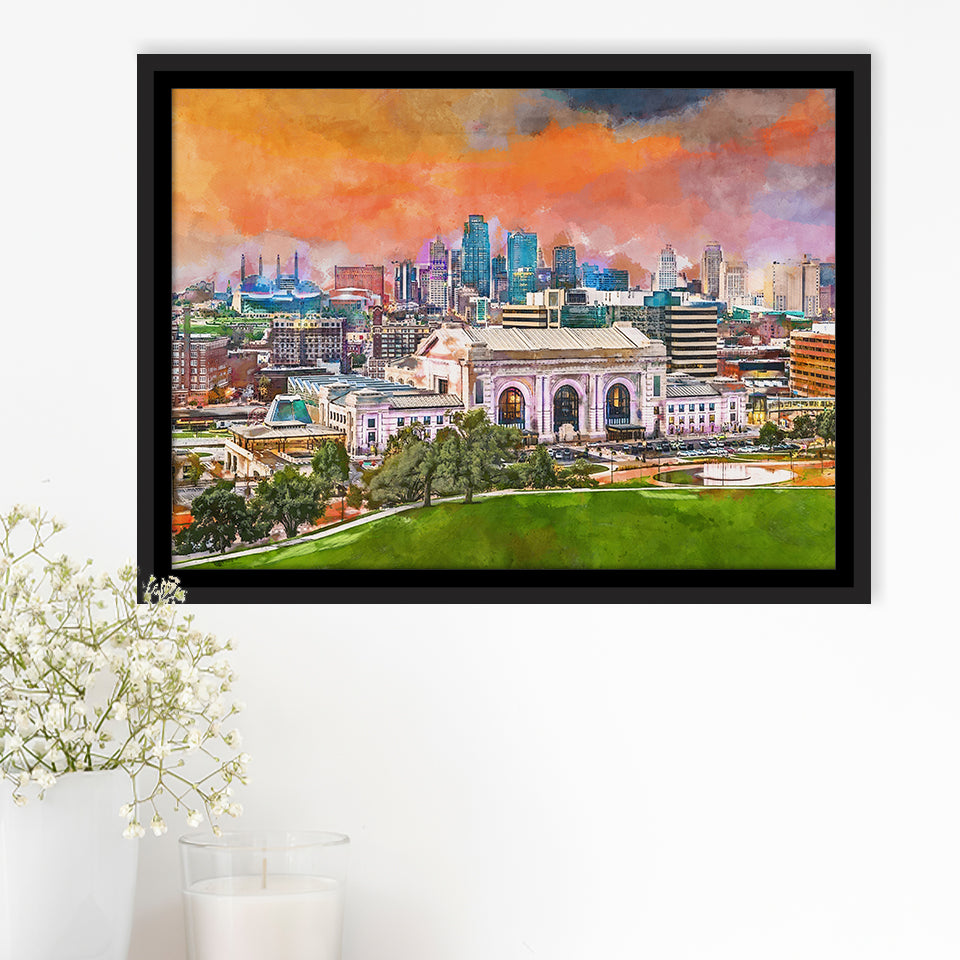 Kansas City Missouri Usa Downtown Skyline City Art Watercolor Framed Canvas Prints Wall Art Home Decor,Floating Frame