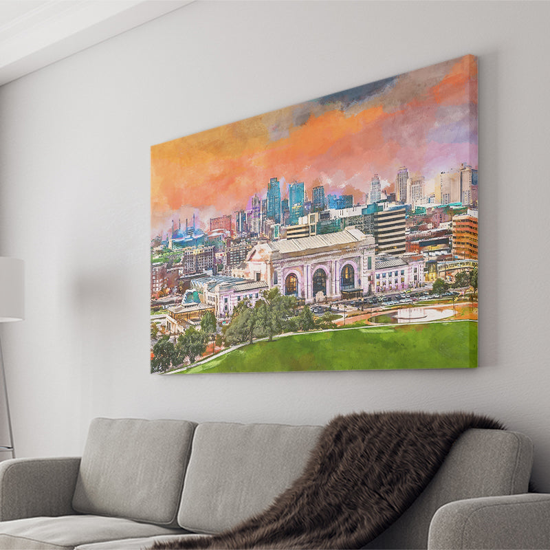Kansas City Missouri Usa Downtown Skyline City Art Watercolor Canvas Prints Wall Art Home Decor, Large Canvas
