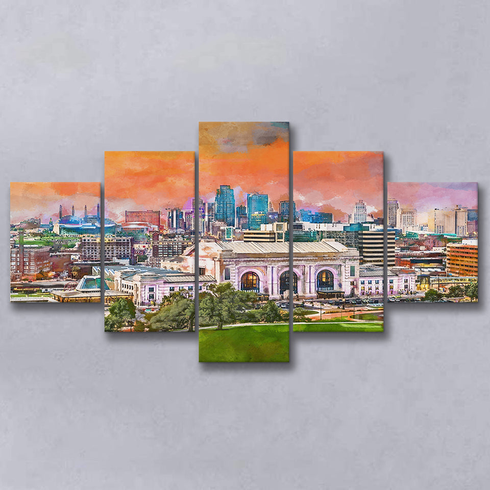 Kansas City Missouri Usa Downtown Skyline 5 Pieces Mixed Canvas Prints Wall Art Home Decor