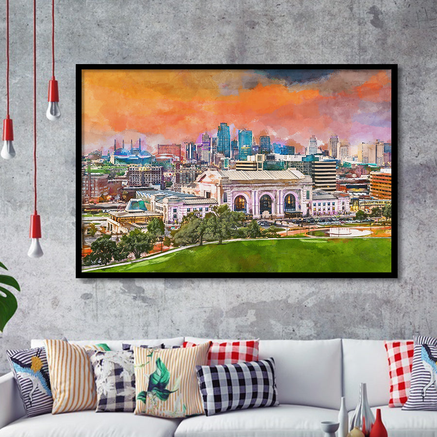 Kansas City Missouri Usa Downtown Skyline City Art Watercolor Framed Art Prints Wall Art Decor,Framed Picture