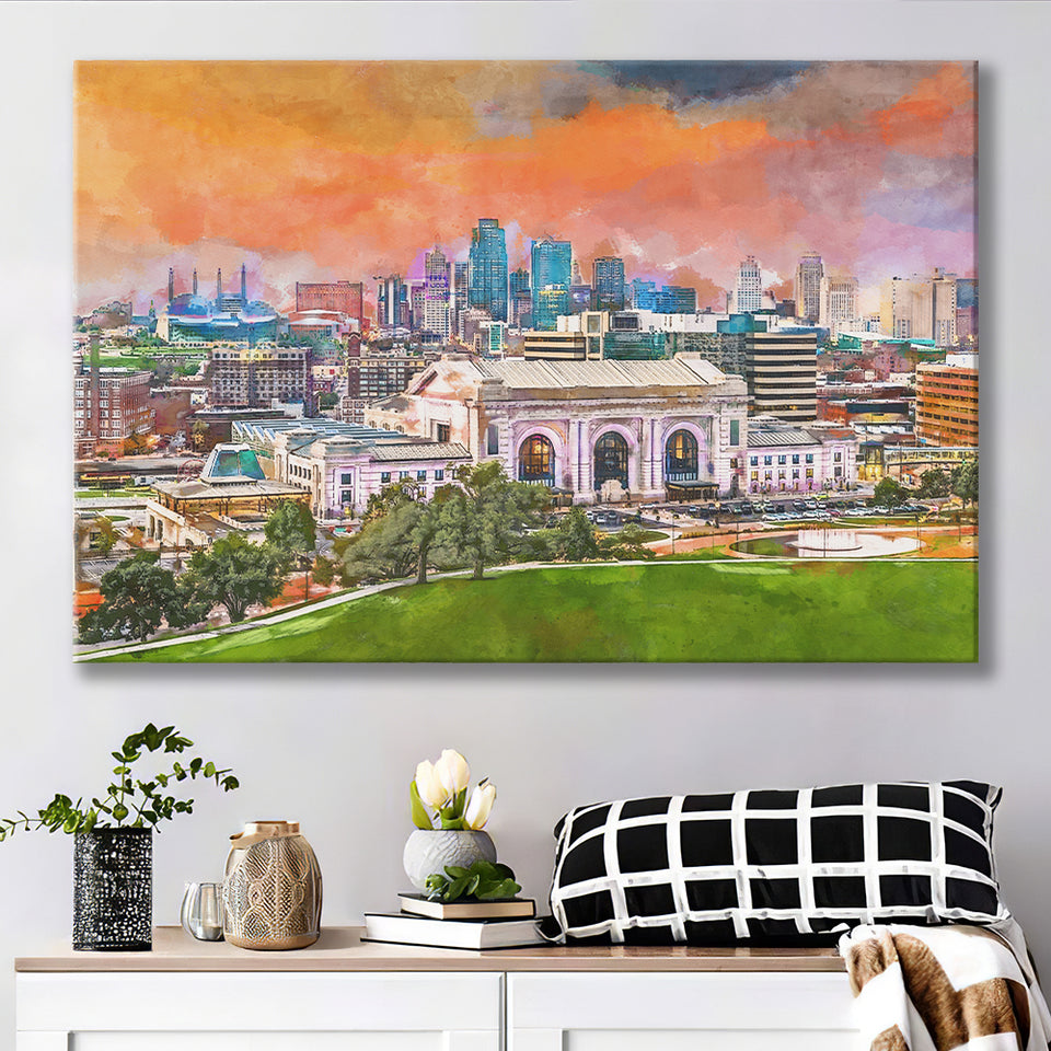 Kansas City Missouri Usa Downtown Skyline City Art Watercolor Canvas Prints Wall Art Home Decor, Large Canvas