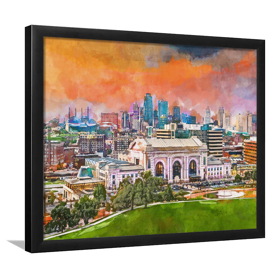 Kansas City Missouri Usa Downtown Skyline City Art Watercolor Framed Art Prints Wall Art Decor,Framed Picture