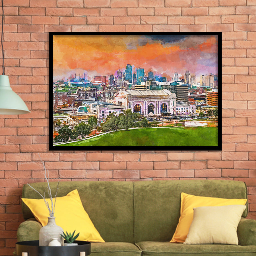 Kansas City Missouri Usa Downtown Skyline City Art Watercolor Framed Art Prints Wall Art Decor,Framed Picture