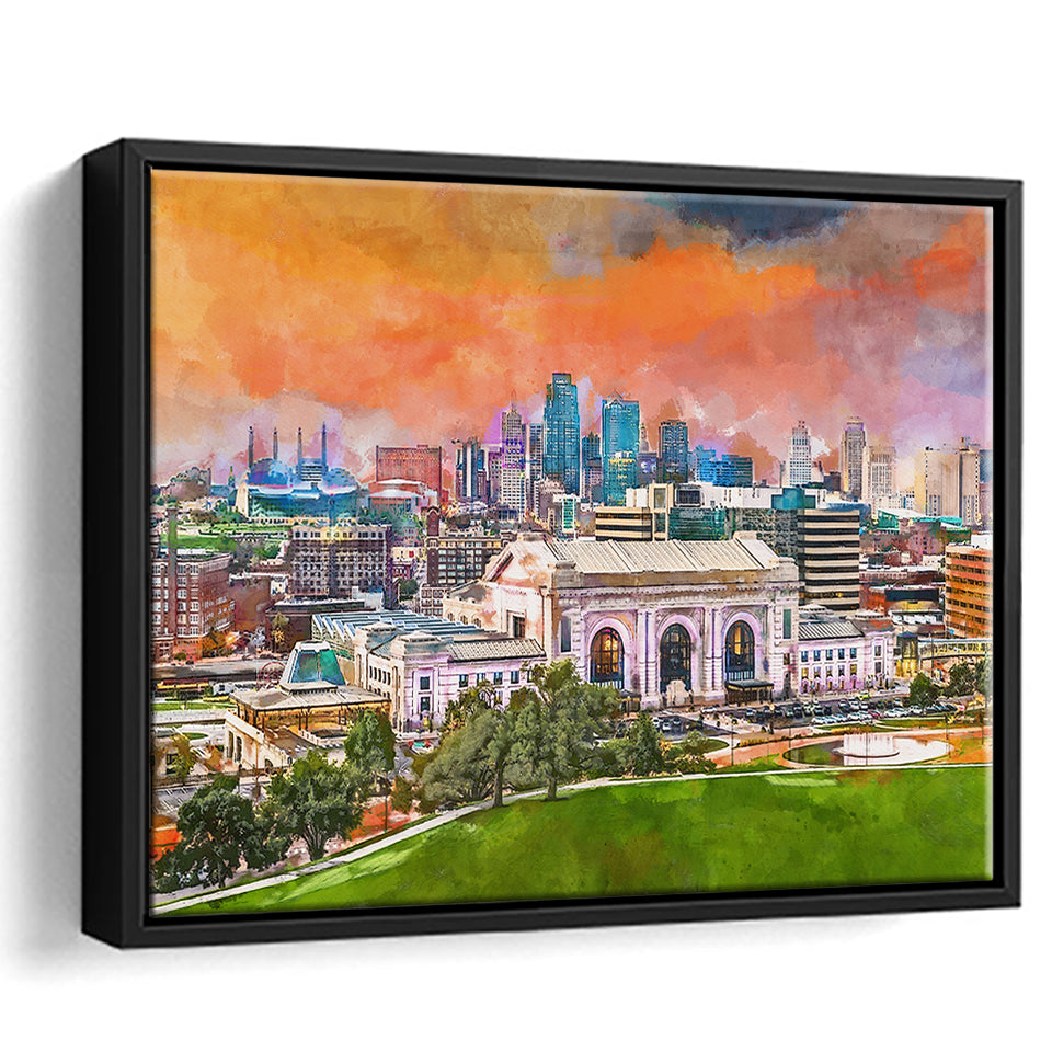 Kansas City Missouri Usa Downtown Skyline City Art Watercolor Framed Canvas Prints Wall Art Home Decor,Floating Frame