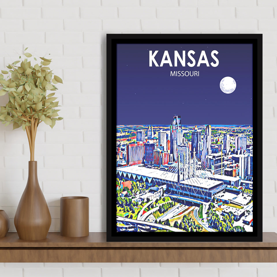 Kansas City Missouri Art Night Landscape, Large Canvas, Framed Canvas Print Wall Art Home Decor, Floating Frame
