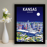 Kansas City Missouri Art Night Landscape, City Art Print, Framed Art Print Wall Art Home Decor, Framed Picture