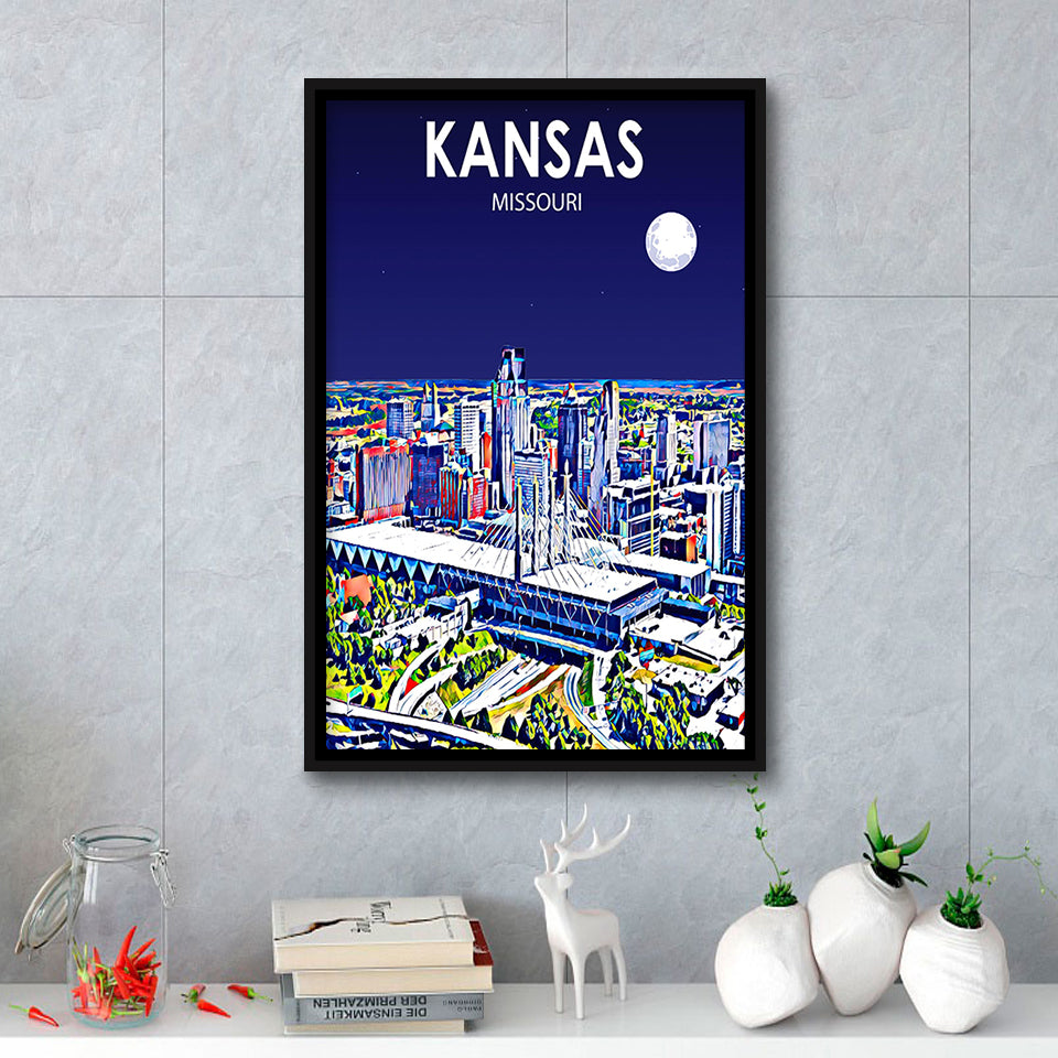 Kansas City Missouri Art Night Landscape, Large Canvas, Framed Canvas Print Wall Art Home Decor, Floating Frame