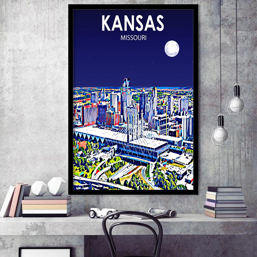 Kansas City Missouri Art Night Landscape, City Art Print, Framed Art Print Wall Art Home Decor, Framed Picture