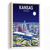 Kansas City Missouri Art Night Landscape, Large Canvas, Framed Canvas Print Wall Art Home Decor, Floating Frame