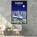 Kansas City Missouri Art Night Landscape, Large Canvas, Framed Canvas Print Wall Art Home Decor, Floating Frame