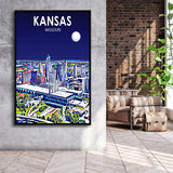 Kansas City Missouri Art Night Landscape, Large Canvas, Framed Canvas Print Wall Art Home Decor, Floating Frame
