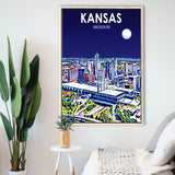 Kansas City Missouri Art Night Landscape, Large Canvas, Framed Canvas Print Wall Art Home Decor, Floating Frame