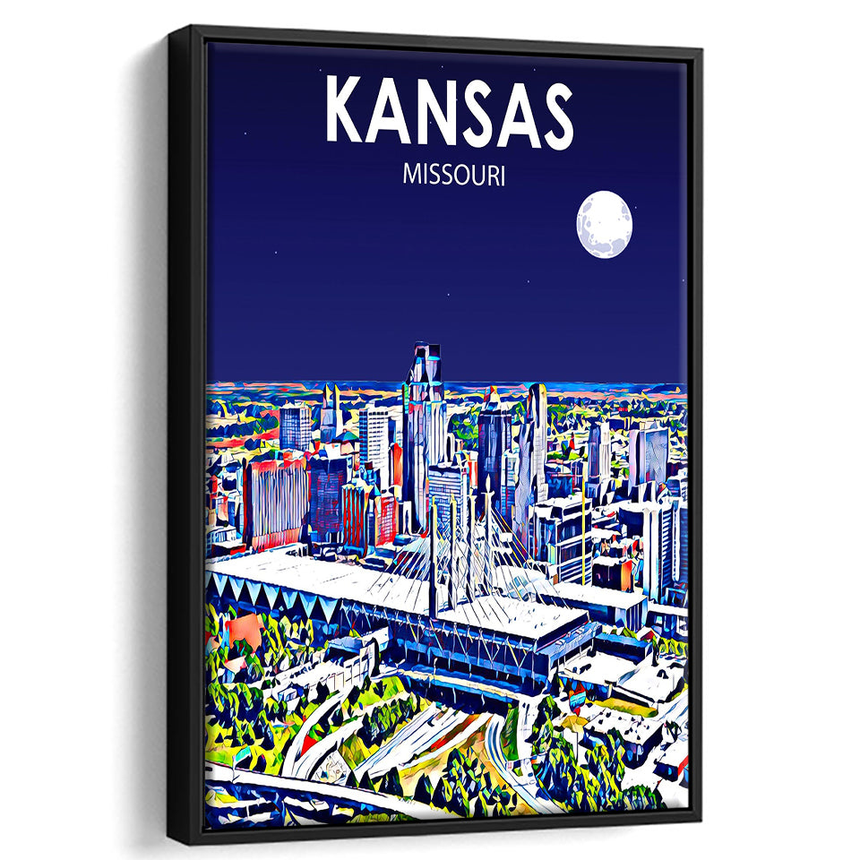 Kansas City Missouri Art Night Landscape, Large Canvas, Framed Canvas Print Wall Art Home Decor, Floating Frame