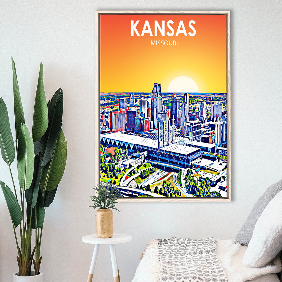 Kansas City Missouri Art Sunset Landscape, Large Canvas, Framed Canvas Print Wall Art Home Decor, Floating Frame