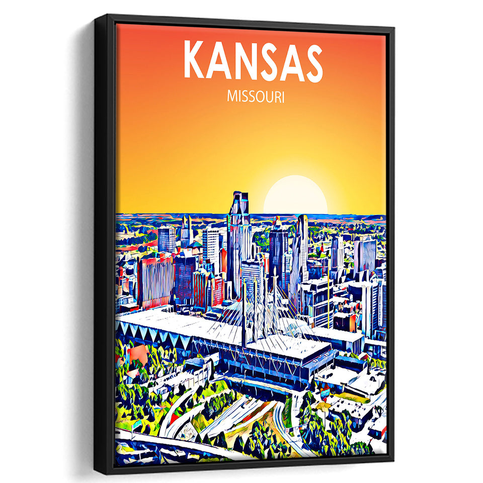 Kansas City Missouri Art Sunset Landscape, Large Canvas, Framed Canvas Print Wall Art Home Decor, Floating Frame