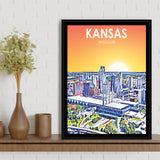 Kansas City Missouri Art Sunset Landscape, Large Canvas, Framed Canvas Print Wall Art Home Decor, Floating Frame