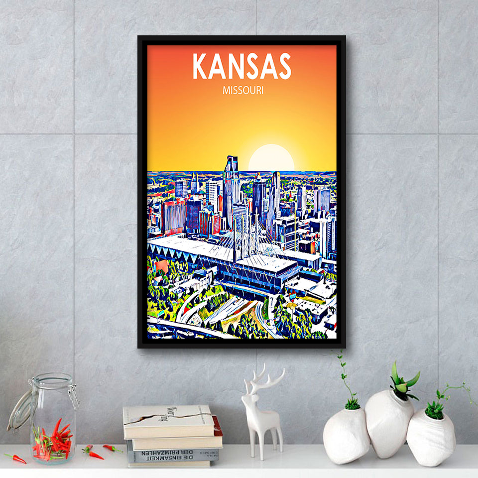 Kansas City Missouri Art Sunset Landscape, Large Canvas, Framed Canvas Print Wall Art Home Decor, Floating Frame