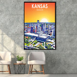 Kansas City Missouri Art Sunset Landscape, Large Canvas, Framed Canvas Print Wall Art Home Decor, Floating Frame