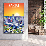 Kansas City Missouri Art Sunset Landscape, Large Canvas, Framed Canvas Print Wall Art Home Decor, Floating Frame