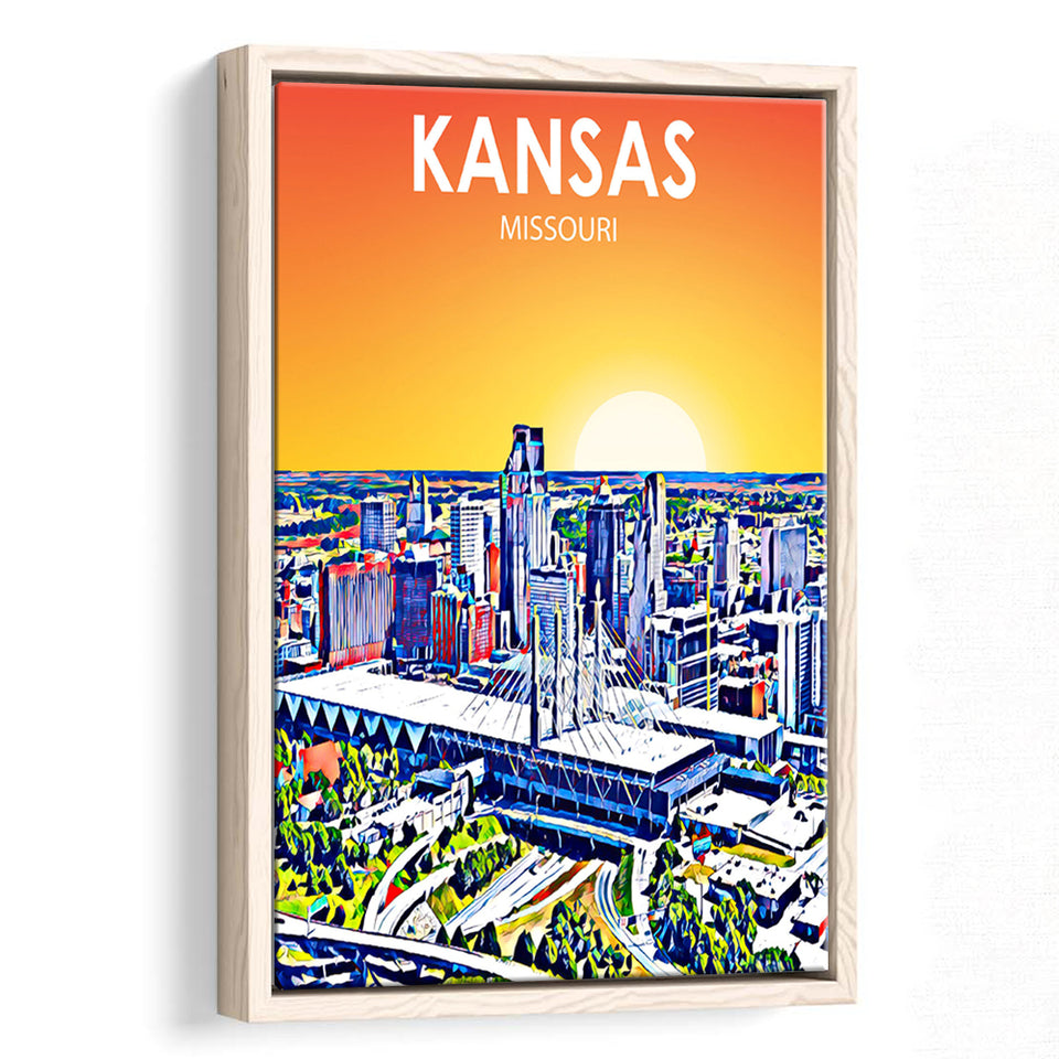 Kansas City Missouri Art Sunset Landscape, Large Canvas, Framed Canvas Print Wall Art Home Decor, Floating Frame