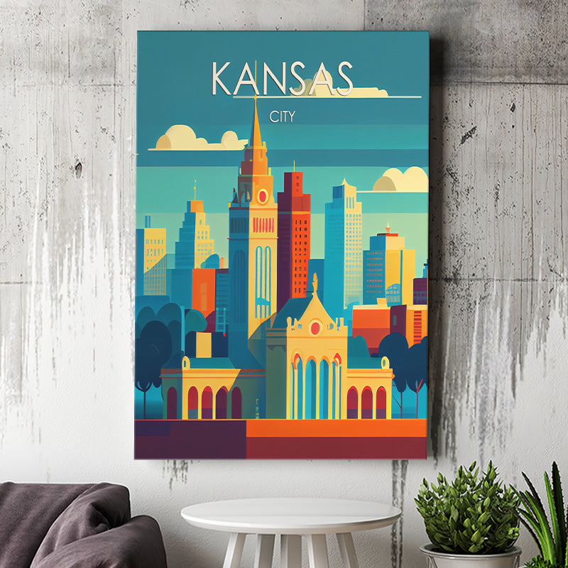Kansas City Retro Art Print ,City Art Print, Large Canvas, Canvas Print Wall Art Home Decor
