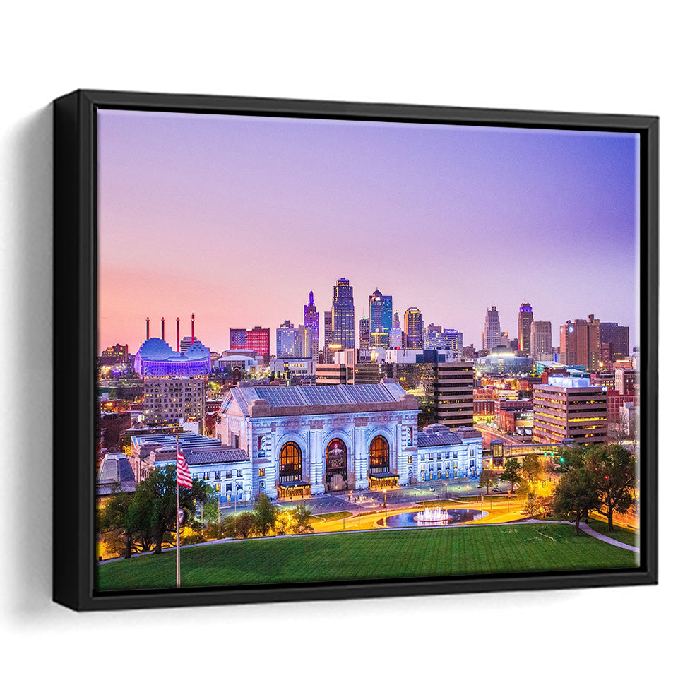 Kansas City Skyline, Kansas City Canvas Art Framed Canvas Prints Wall Art Decor, Black Floating Frame