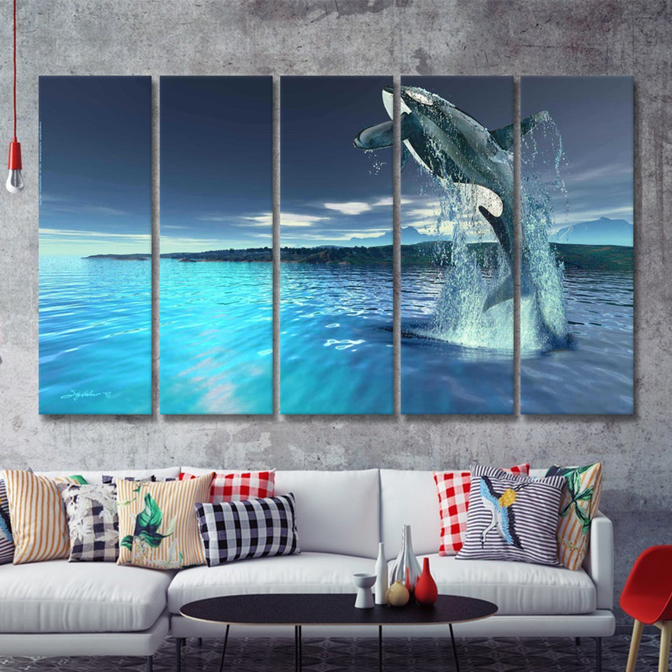 Killer Whale In Ocean 5 Pieces B Canvas Prints Wall Art - Painting Canvas, Multi Panels,5 Panel, Wall Decor