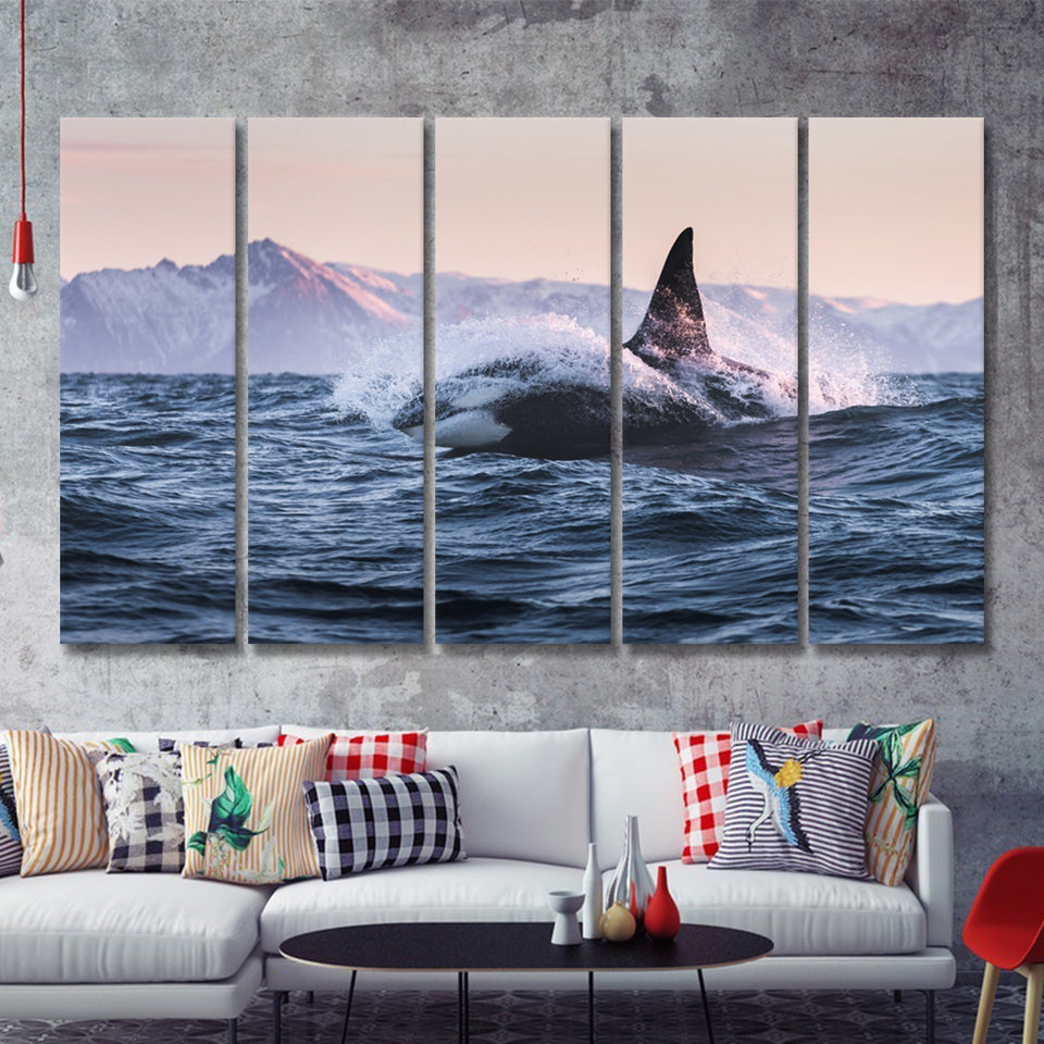 Killer Whale Sunset Dangerous Animal 5 Pieces B Canvas Prints Wall Art - Painting Canvas, Multi Panel, Wall Decor, Canvas Art