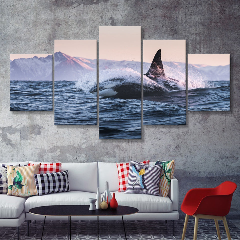 Killer Whale Sunset Dangerous Animal 5 Pieces Canvas Prints Wall Art - Painting Canvas, Multi Panel, Wall Decor, Canvas Art