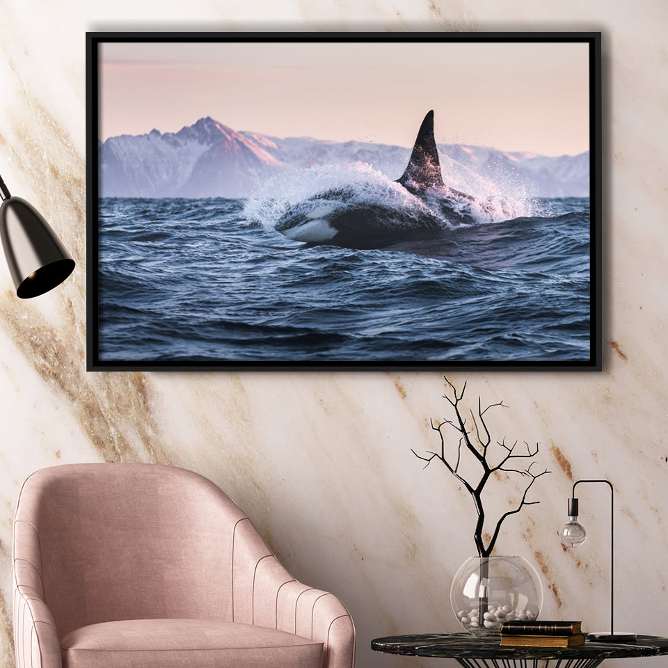 Killer Whale Sunset Dangerous Animal Framed Canvas Prints Wall Art - Painting Canvas, Wall Decor, Canvas Art, Floating Frame