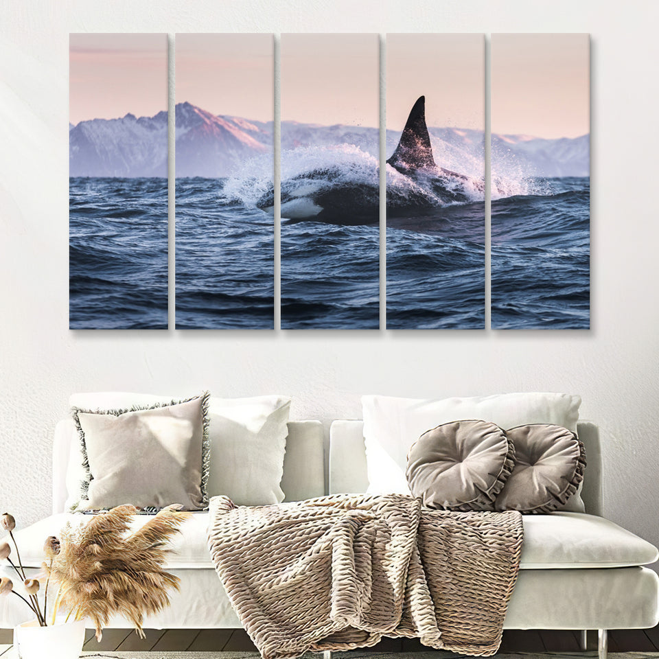 Killer Whale Sunset Dangerous Animal 5 Pieces B Canvas Prints Wall Art - Painting Canvas, Multi Panel, Wall Decor, Canvas Art