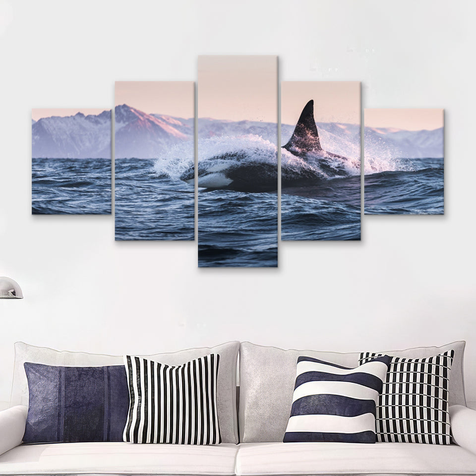 Killer Whale Sunset Dangerous Animal 5 Pieces Canvas Prints Wall Art - Painting Canvas, Multi Panel, Wall Decor, Canvas Art