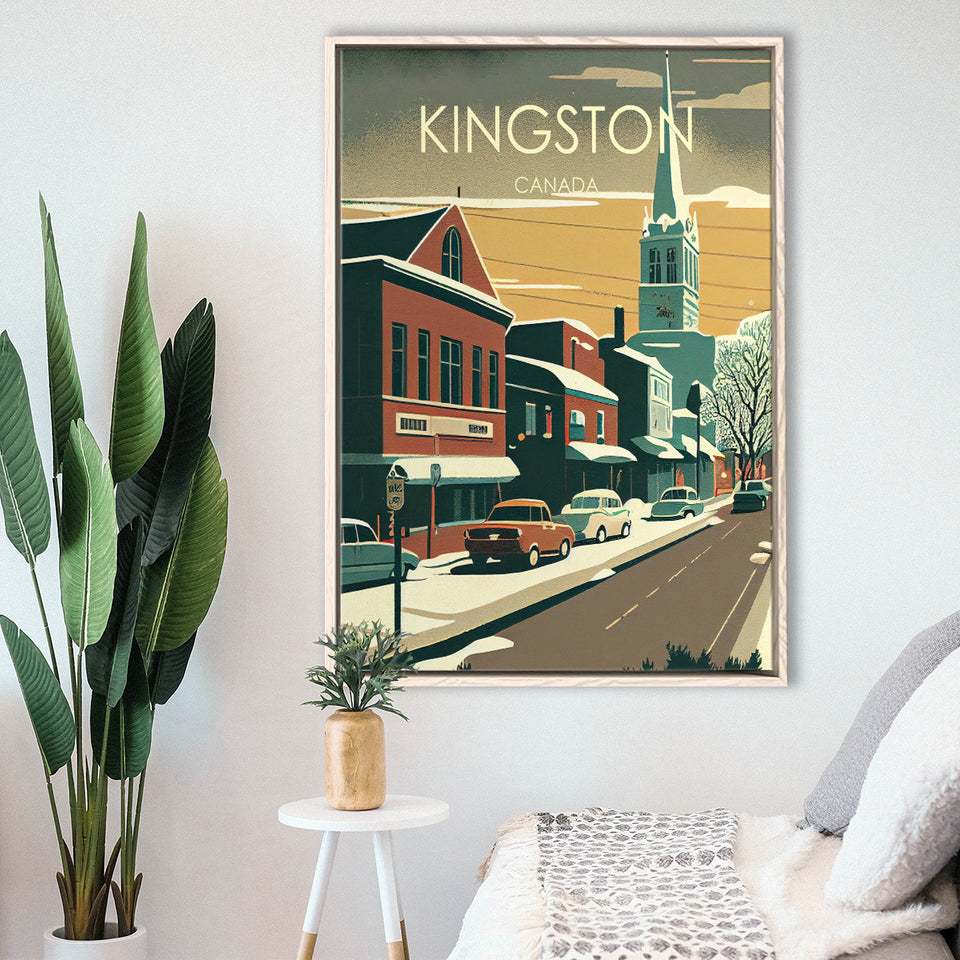 Kingston Canada Retro Art Print, Large Canvas, Framed Canvas Print Wall Art Home Decor, Floating Frame