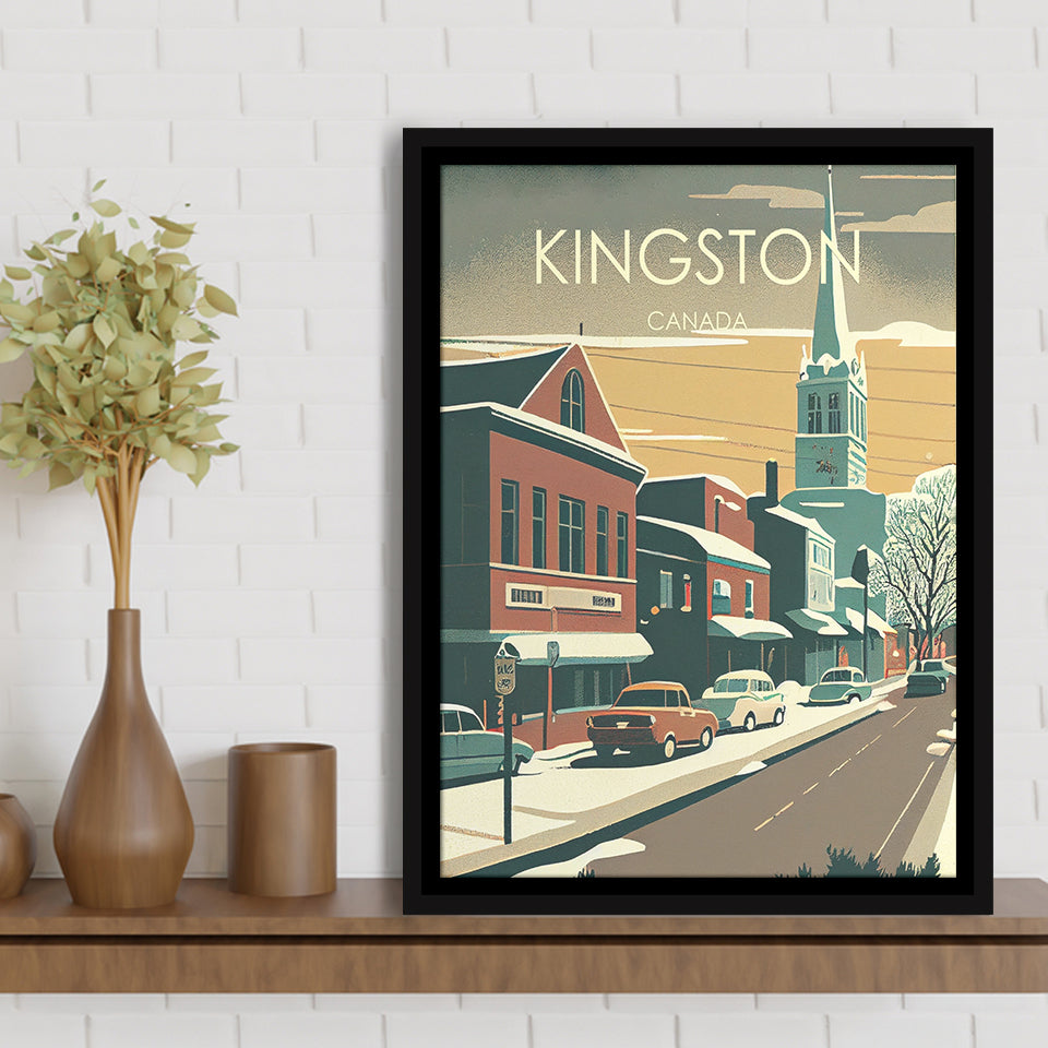 Kingston Canada Retro Art Print, Large Canvas, Framed Canvas Print Wall Art Home Decor, Floating Frame
