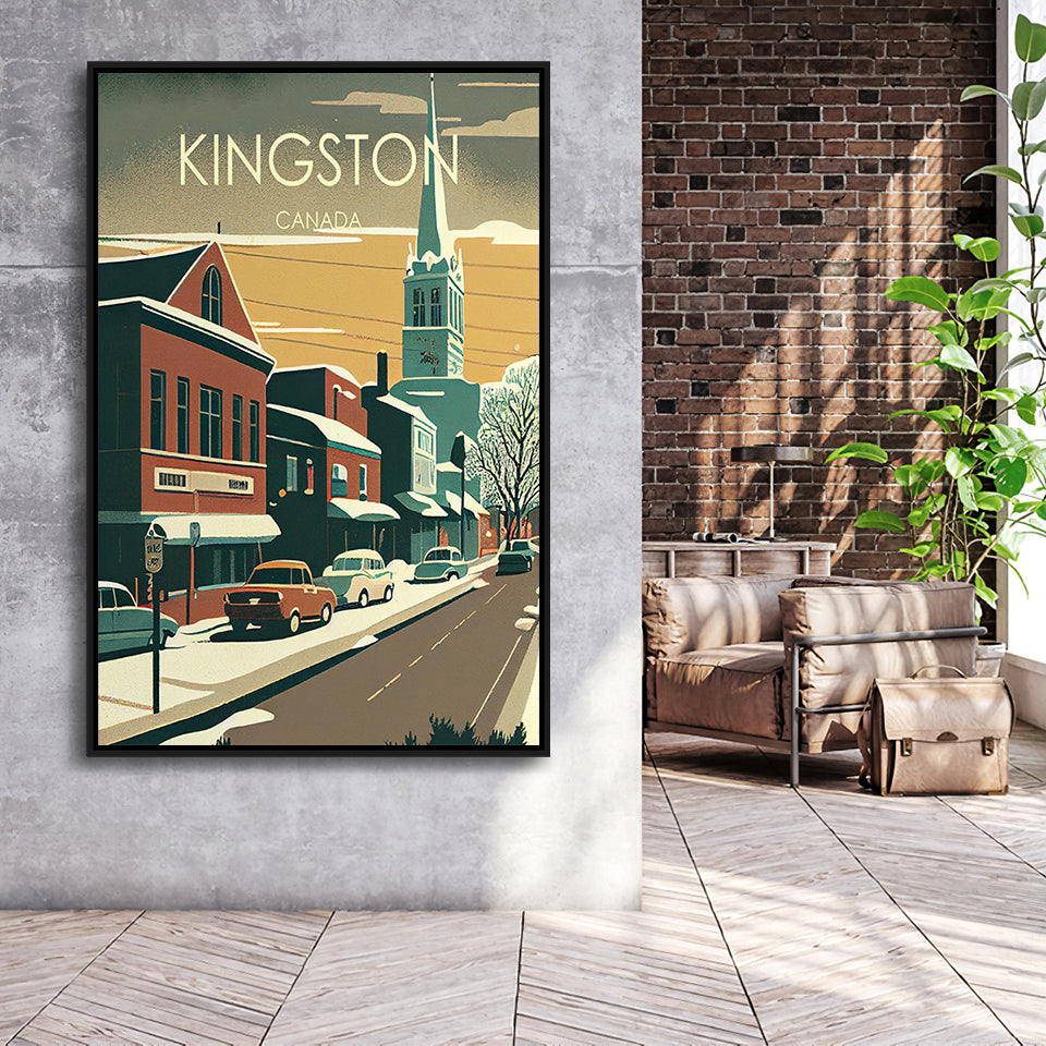Kingston Canada Retro Art Print, Large Canvas, Framed Canvas Print Wall Art Home Decor, Floating Frame
