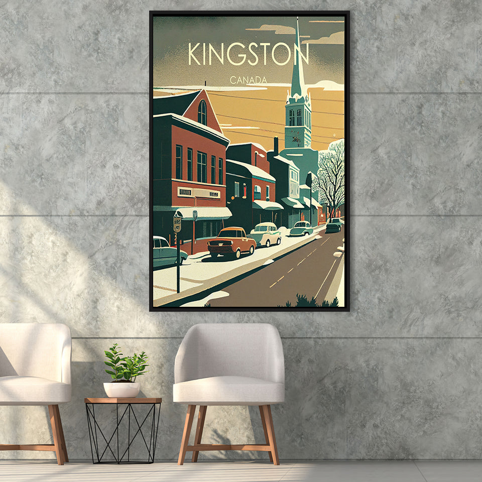 Kingston Canada Retro Art Print, Large Canvas, Framed Canvas Print Wall Art Home Decor, Floating Frame