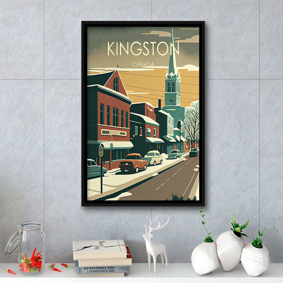 Kingston Canada Retro Art Print, Large Canvas, Framed Canvas Print Wall Art Home Decor, Floating Frame