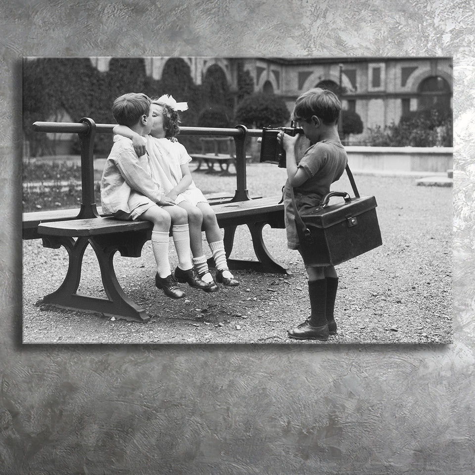 Kissing Kids Black And White Print, First Kiss Canvas Prints Wall Art Home Decor