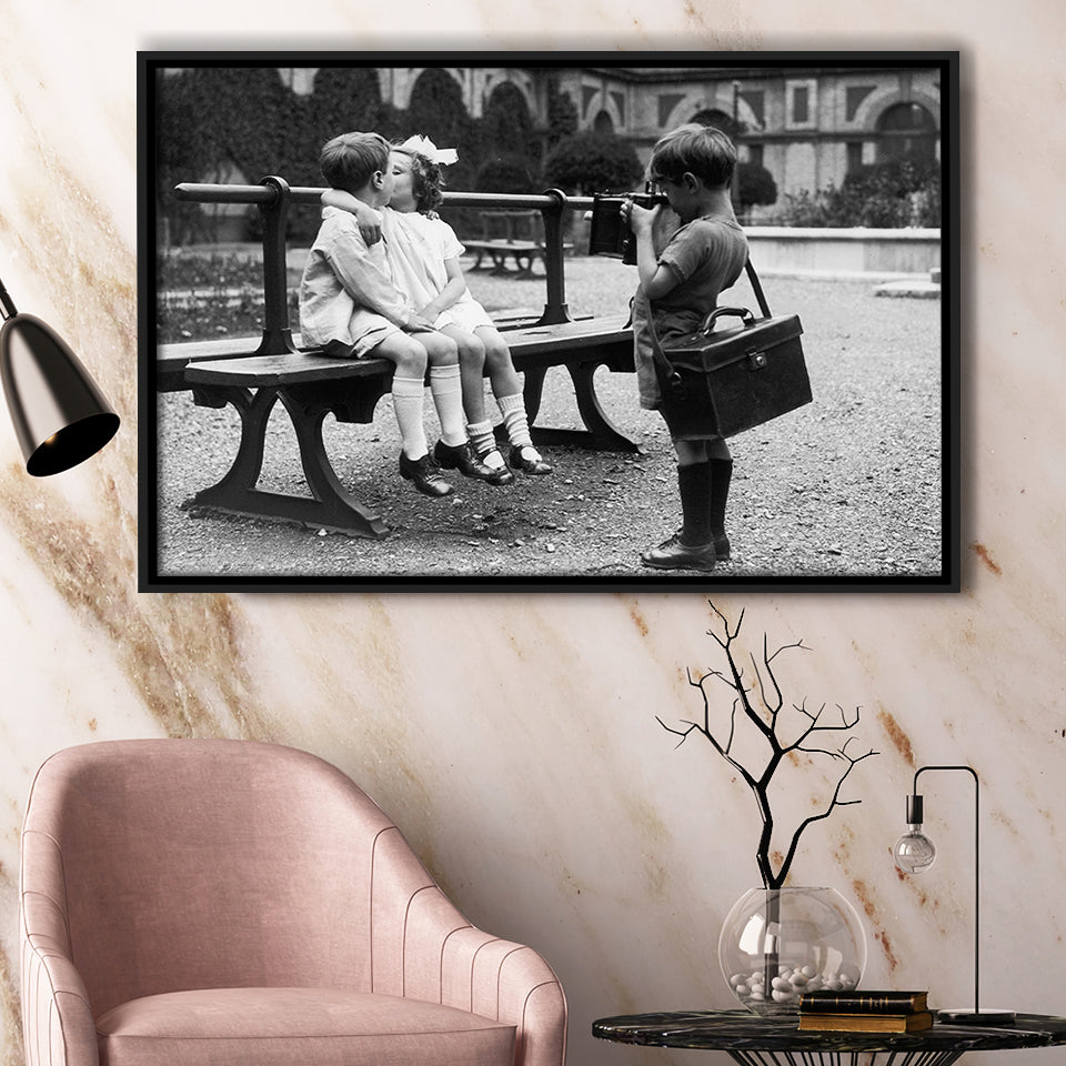 Kissing Kids Black And White Print, First Kiss Framed Canvas Prints Wall Art Home Decor,Floating Frame