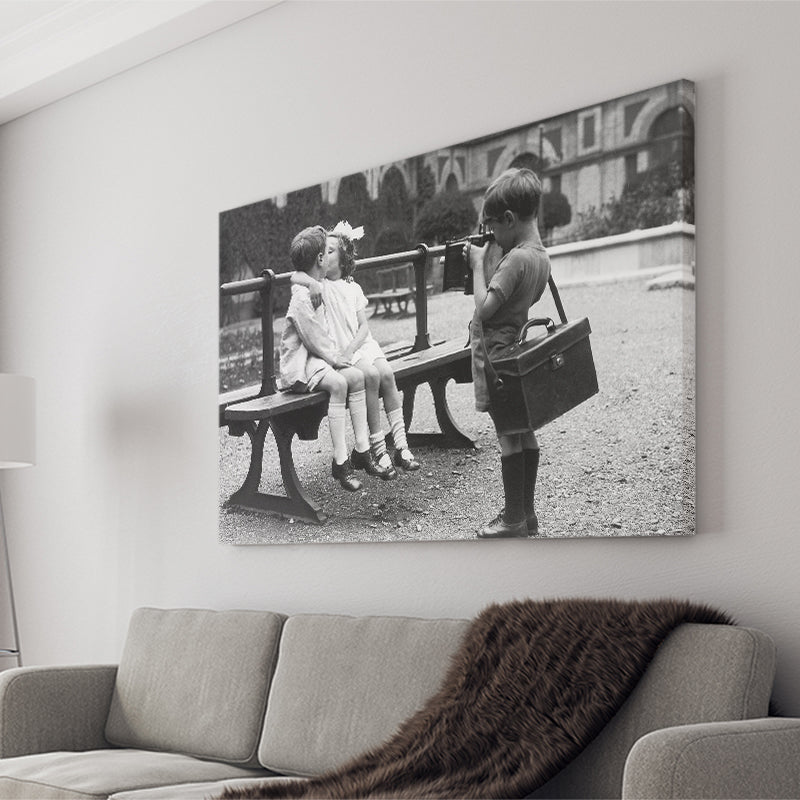 Kissing Kids Black And White Print, First Kiss Canvas Prints Wall Art Home Decor