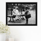 Kissing Kids Black And White Print, First Kiss Framed Canvas Prints Wall Art Home Decor,Floating Frame