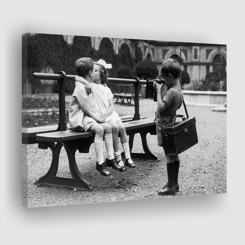 Kissing Kids Black And White Print, First Kiss Canvas Prints Wall Art Home Decor