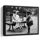 Kissing Kids Black And White Print, First Kiss Framed Canvas Prints Wall Art Home Decor,Floating Frame