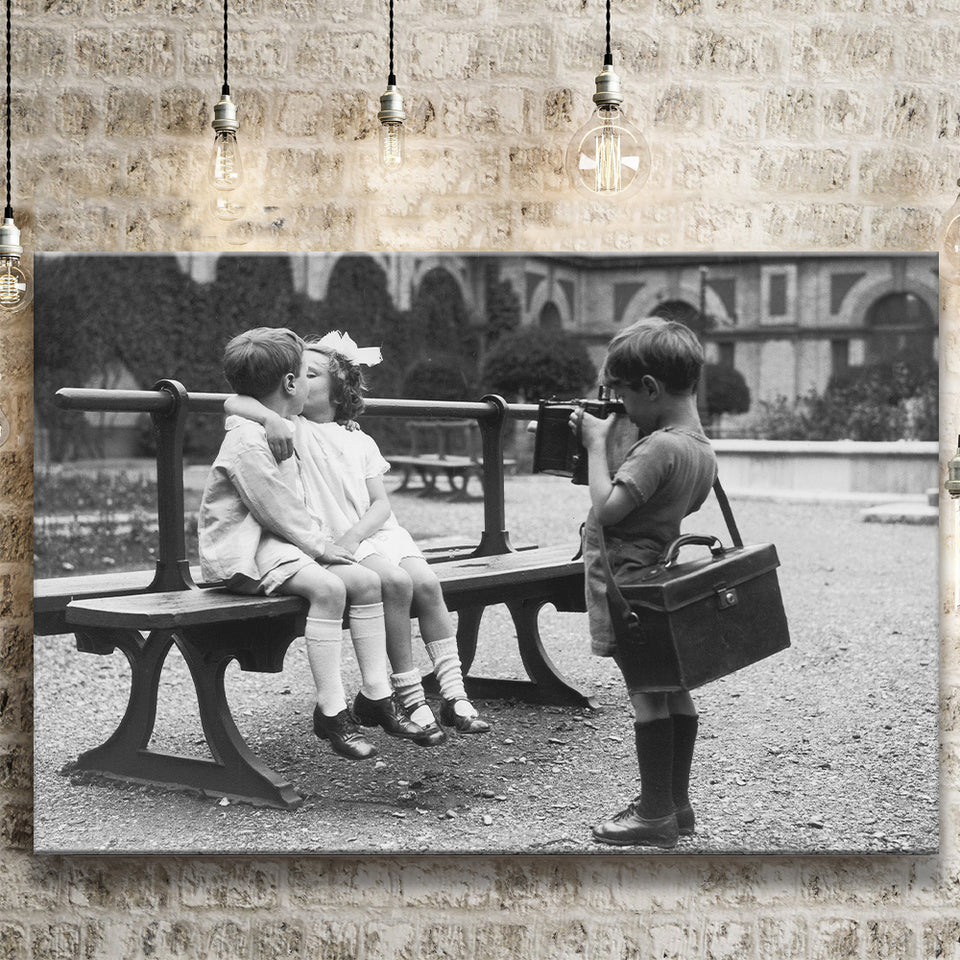Kissing Kids Black And White Print, First Kiss Canvas Prints Wall Art Home Decor