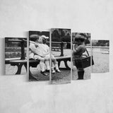 Kissing Kids Black And White Print, First Kiss 5 Panels, Canvas Prints Wall Art Decor, Large Canvas Art