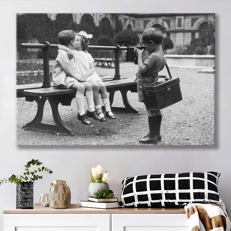 Kissing Kids Black And White Print, First Kiss Canvas Prints Wall Art Home Decor