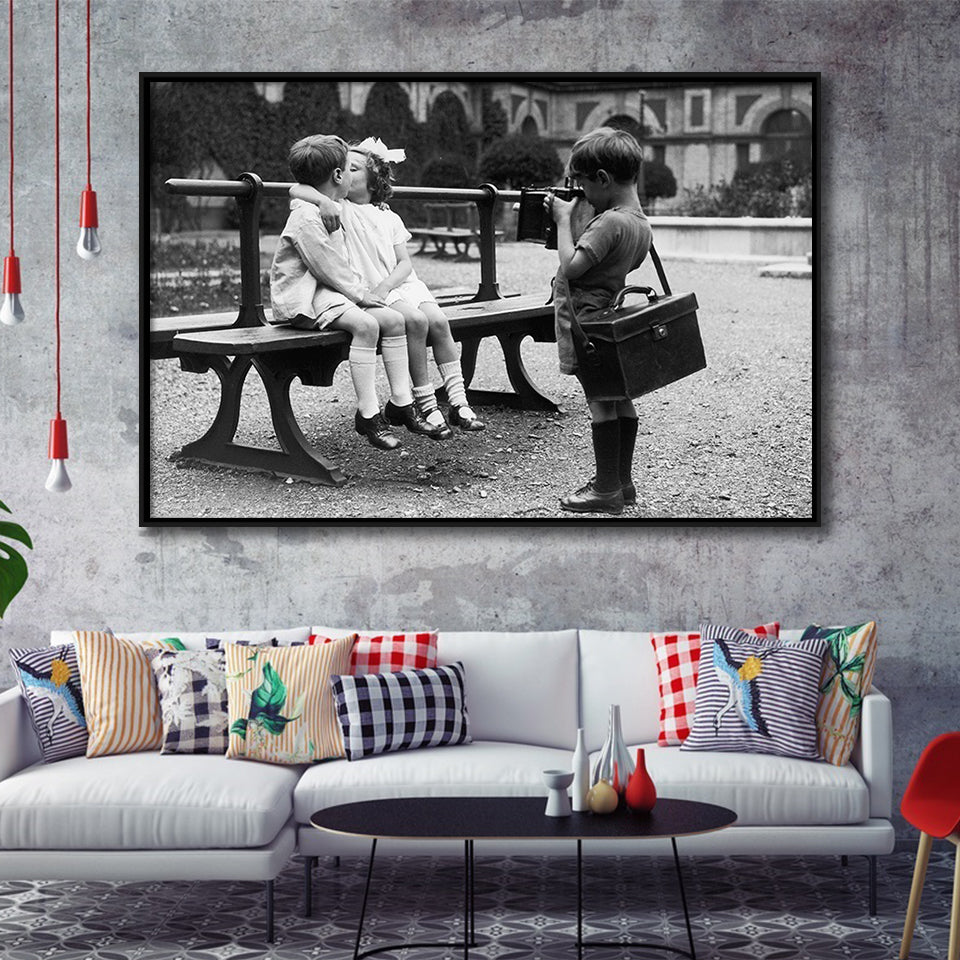 Kissing Kids Black And White Print, First Kiss Framed Canvas Prints Wall Art Home Decor,Floating Frame